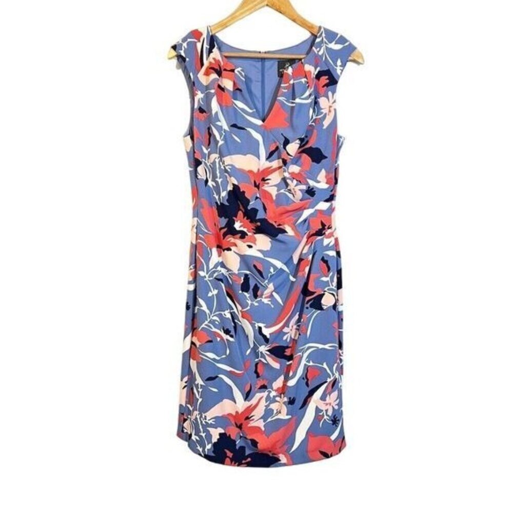 Adrianna Papell Floral V-Neck Knee Length‎ Dress 10 Blue Coral Party Wedding